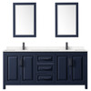 Daria 80 Inch Double Bathroom Vanity In Dark Blue, Carrara Cultured Marble Countertop, Undermount Square Sinks, Matte Black Trim, 24 Inch Mirrors