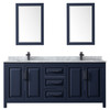 Daria 80 Inch Double Bathroom Vanity In Dark Blue, White Carrara Marble Countertop, Undermount Square Sinks, Matte Black Trim, 24 Inch Mirrors