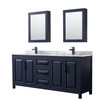 Daria 80 Inch Double Bathroom Vanity In Dark Blue, White Carrara Marble Countertop, Undermount Square Sinks, Matte Black Trim, Medicine Cabinets