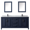 Daria 80 Inch Double Bathroom Vanity In Dark Blue, White Carrara Marble Countertop, Undermount Square Sinks, Matte Black Trim, Medicine Cabinets