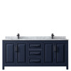 Daria 80 Inch Double Bathroom Vanity In Dark Blue, White Carrara Marble Countertop, Undermount Square Sinks, Matte Black Trim