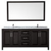 Daria 80 Inch Double Bathroom Vanity In Dark Espresso, White Carrara Marble Countertop, Undermount Square Sinks, And 70 Inch Mirror