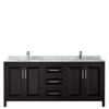 Daria 80 Inch Double Bathroom Vanity In Dark Espresso, White Carrara Marble Countertop, Undermount Square Sinks, And No Mirror