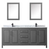 Daria 80 Inch Double Bathroom Vanity In Dark Gray, White Carrara Marble Countertop, Undermount Square Sinks, Matte Black Trim, Medicine Cabinets