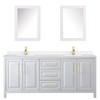 Daria 80 Inch Double Bathroom Vanity In White, Carrara Cultured Marble Countertop, Undermount Square Sinks, Medicine Cabinets, Brushed Gold Trim