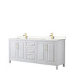 Daria 80 Inch Double Bathroom Vanity In White, Carrara Cultured Marble Countertop, Undermount Square Sinks, Brushed Gold Trim