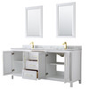 Daria 80 Inch Double Bathroom Vanity In White, White Carrara Marble Countertop, Undermount Square Sinks, 24 Inch Mirrors, Brushed Gold Trim