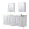 Daria 80 Inch Double Bathroom Vanity In White, White Carrara Marble Countertop, Undermount Square Sinks, Medicine Cabinets, Brushed Gold Trim
