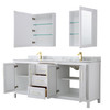 Daria 80 Inch Double Bathroom Vanity In White, White Carrara Marble Countertop, Undermount Square Sinks, Medicine Cabinets, Brushed Gold Trim