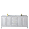 Daria 80 Inch Double Bathroom Vanity In White, White Carrara Marble Countertop, Undermount Square Sinks, Brushed Gold Trim