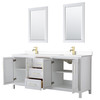 Daria 80 Inch Double Bathroom Vanity In White, White Cultured Marble Countertop, Undermount Square Sinks, 24 Inch Mirrors, Brushed Gold Trim
