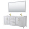 Daria 80 Inch Double Bathroom Vanity In White, White Cultured Marble Countertop, Undermount Square Sinks, 70 Inch Mirror, Brushed Gold Trim