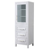 Daria Linen Tower In White With Brushed Gold Trim, Shelved Cabinet Storage, And 3 Drawers