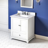 30" White Addington Vanity, White Carrara Marble Vanity Top, Undermount Rectangle Bowl