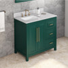 36" Forest Green Cade Vanity, Left Offset, White Carrara Marble Vanity Top, Undermount Rectangle Bowl