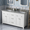 60" White Chatham Vanity, Double Bowl, Steel Grey Cultured Marble Vanity Top, Two Undermount Rectangle Bowls