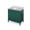 36" Forest Green Theodora Vanity, Left Offset, White Carrara Marble Vanity Top, Undermount Rectangle Bowl