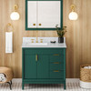 36" Forest Green Theodora Vanity, Left Offset, White Carrara Marble Vanity Top, Undermount Rectangle Bowl