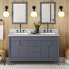 60" Blue Steel Theodora Vanity, Double Bowl, White Carrara Marble Vanity Top, Two Undermount Rectangle Bowls