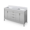 60" Grey Theodora Vanity, Double Bowl, White Carrara Marble Vanity Top, Two Undermount Rectangle Bowls