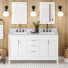 60" White Theodora Vanity, Double Bowl, White Carrara Marble Vanity Top, Two Undermount Rectangle Bowls