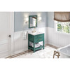 30" Forest Green Wavecrest Vanity, White Carrara Marble Vanity Top, Undermount Rectangle Bowl