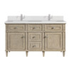 Lorelai 60" Double Vanity, Whitewashed Oak w/ Single Hole 3 CM White Zeus Silestone Top & Backsplash
