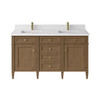Brittany 60" Double Vanity, Pecan w/ Single Hole 3 CM White Zeus Silestone Top and Matching Backsplash