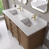 Brittany 60" Double Vanity, Pecan w/ Single Hole 3 CM White Zeus Silestone Top and Matching Backsplash