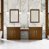 Bellshire 96" Dual Vanity Set with 24" Make-Up Counter, Honey Oak w/Single Hole 3 cm White Zeus Silestone Top & Backsplash