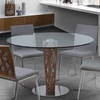 Armen Living Crystal Round Dining Table In Brushed Stainless Steel Finish With Walnut Veneer Column And 48" Glass Top