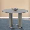 Armen Living Delano Round Dining Table In Brushed Stainless Steel With Gray Tempered Glass Top And Gray Walnut Column