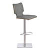 Armen Living Sydney Adjustable Barstool In Brushed Stainless Steel With Vintage Grey Faux Leather And Walnut Wood Back