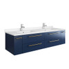 Fresca Lucera 60" Royal Blue Wall Hung Modern Bathroom Cabinet W/ Top & Double Undermount Sinks - FCB6160RBL-UNS-D-CWH-U