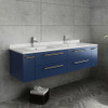 Fresca Lucera 60" Royal Blue Wall Hung Modern Bathroom Cabinet W/ Top & Double Undermount Sinks - FCB6160RBL-UNS-D-CWH-U