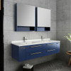 Fresca Lucera 60" Royal Blue Wall Hung Modern Bathroom Cabinet W/ Top & Double Undermount Sinks - FCB6160RBL-UNS-D-CWH-U