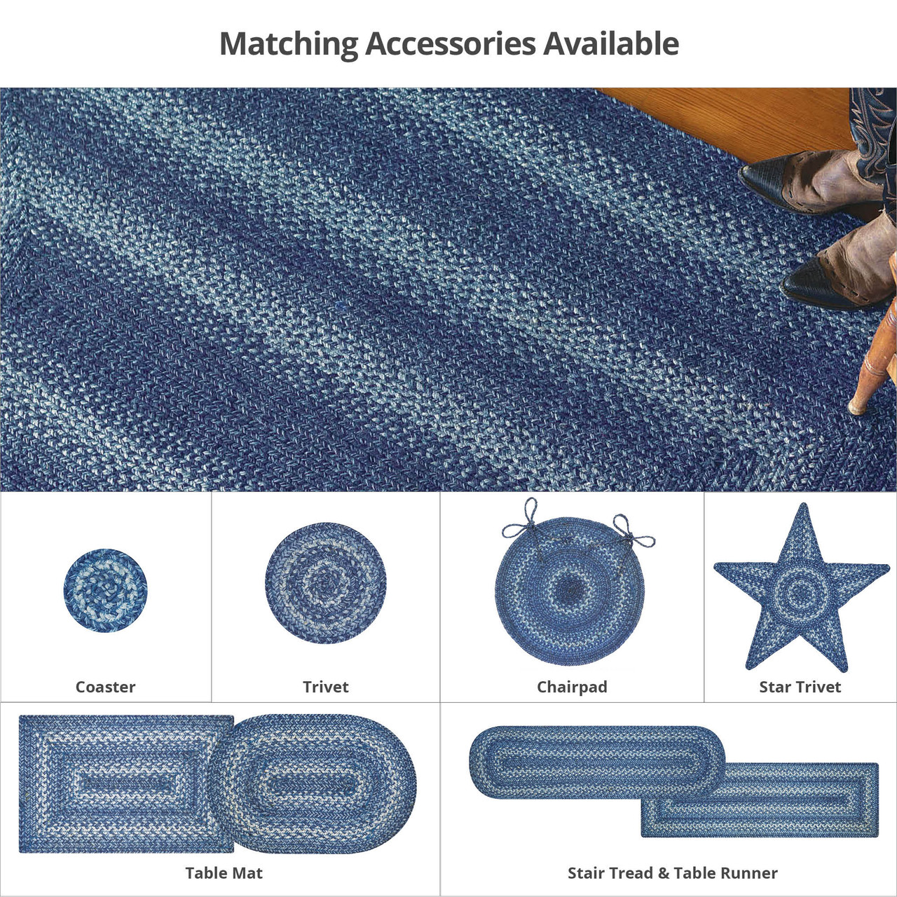 Homespice 20x30” Blue Oval Braided Rug. Denim Blue and White Jute