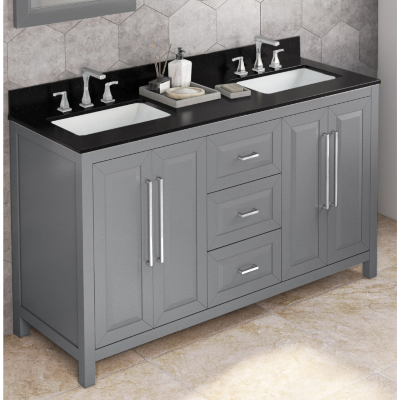Jeffrey Alexander 60" Grey Cade Vanity, Double Bowl, Black Granite
