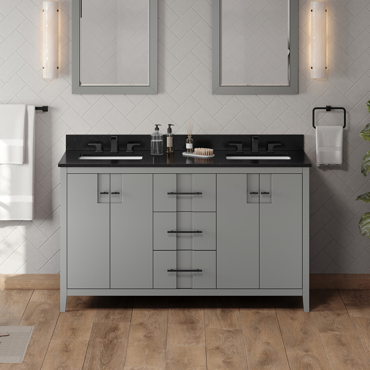 Jeffrey Alexander 60" Grey Katara Vanity, Double Bowl, Black Granite