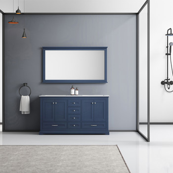 Dukes 60" Navy Blue Double Vanity, White Carrara Marble Top, White Square Sinks And 58" Mirror