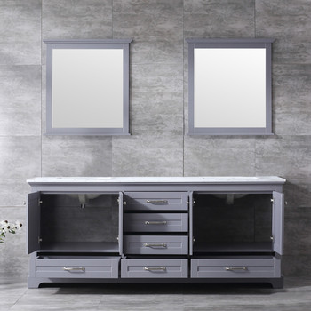 Dukes 80" Dark Grey Double Vanity, White Carrara Marble Top, White Square Sinks And 30" Mirrors