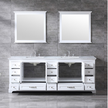 Dukes 84" White Double Vanity, White Carrara Marble Top, White Square Sinks And 34" Mirrors W/ Faucets