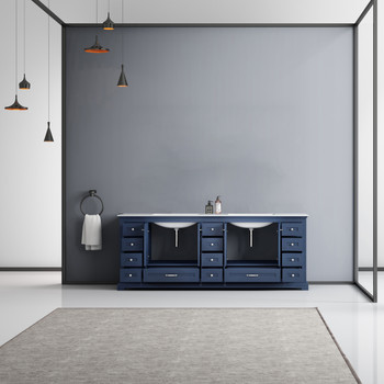 Dukes 84" Navy Blue Double Vanity, White Carrara Marble Top, White Square Sinks And No Mirror