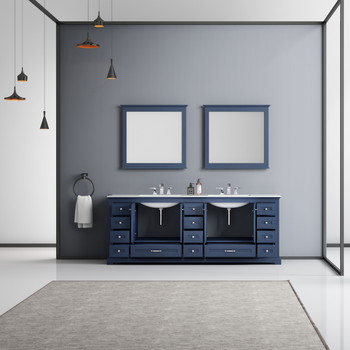 Dukes 84" Navy Blue Double Vanity, White Carrara Marble Top, White Square Sinks And 34" Mirrors W/ Faucets