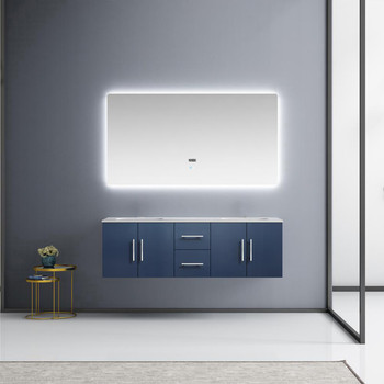 Geneva 60" Navy Blue Double Vanity, White Carrara Marble Top, White Square Sinks And 60" Led Mirror