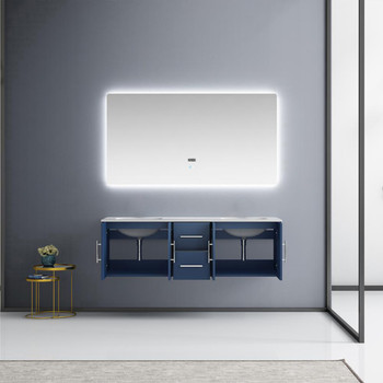 Geneva 60" Navy Blue Double Vanity, White Carrara Marble Top, White Square Sinks And 60" Led Mirror