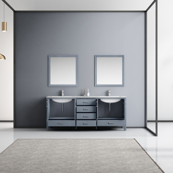 Jacques 80" Dark Grey Double Vanity, White Carrara Marble Top, White Square Sinks And 30" Mirrors W/ Faucets