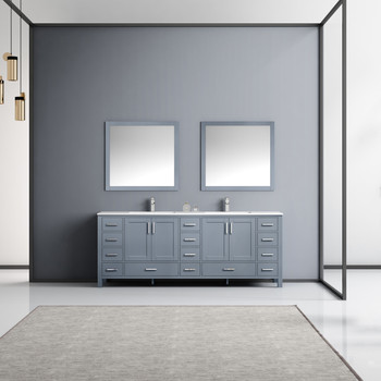 Jacques 84" Dark Grey Double Vanity, White Carrara Marble Top, White Square Sinks And 34" Mirrors W/ Faucets