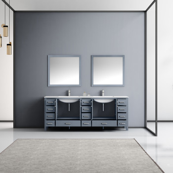 Jacques 84" Dark Grey Double Vanity, White Carrara Marble Top, White Square Sinks And 34" Mirrors W/ Faucets