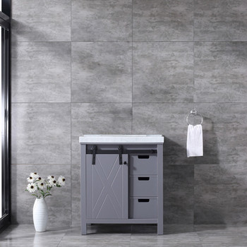 Marsyas 30" Dark Grey Single Vanity, White Carrara Marble Top, White Square Sink And No Mirror